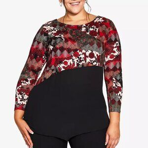 AVENUE, Size 14, Carla Print Top, Colorblock Top, Long Sleeve, Relax Fit, Black